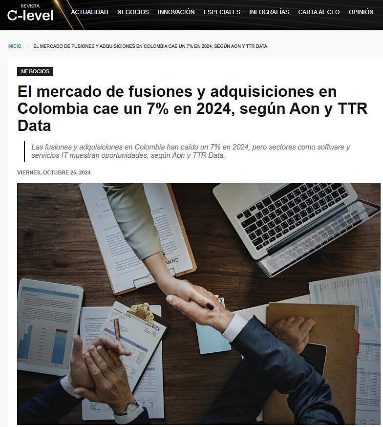 El mercado de fusiones y adquisiciones en Colombia cae un 7% en 2024, segn Aon y TTR Data